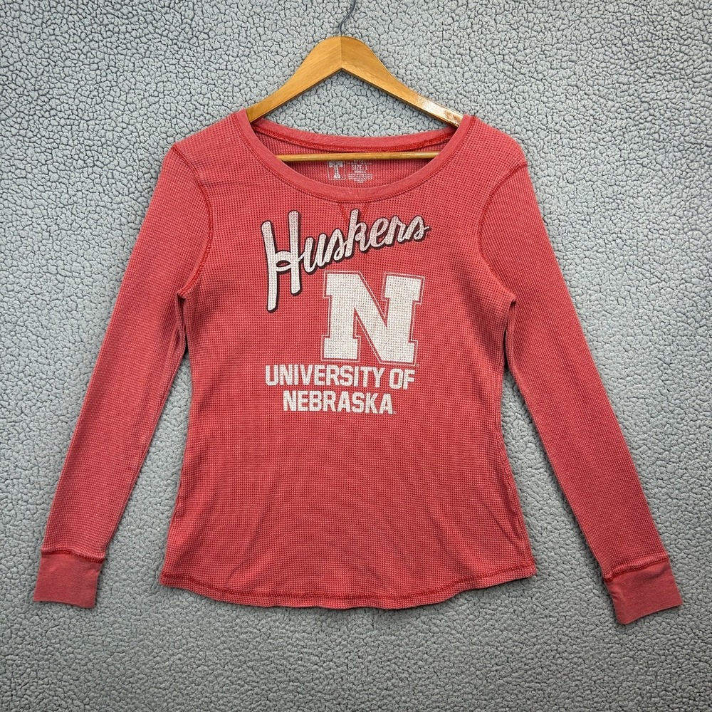 Nebraska Huskers Shirt Red Womens Large Waffle Knit Logo‎